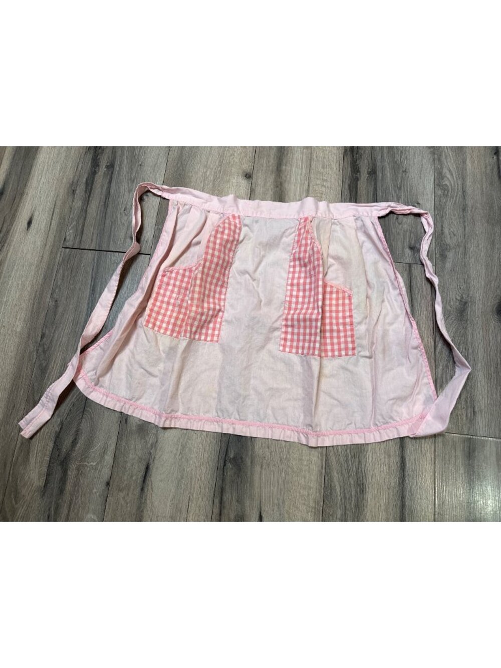 VTG 50/60's Handmade Pink Half-Apron Pink & White Gingham Checkered Pockets Adju